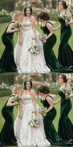 Long Dark Green Velvet Bridesmaid Dresses with Double ...