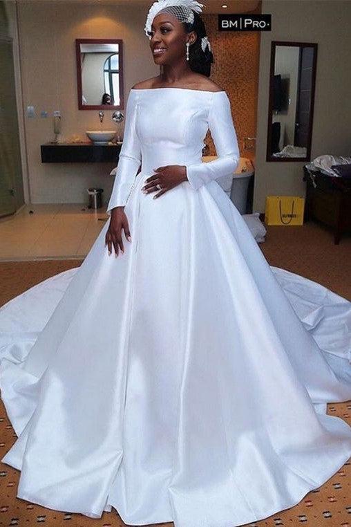 African White Satin Wedding Dress with Long Train – loveangeldress