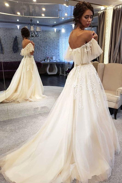 Appliques Flutter Sleeves Wedding Gown with Tulle Skirt – loveangeldress