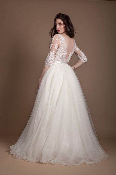 Appliques Illusion Neckline Plus Size Wedding Gown with Sleeves ...