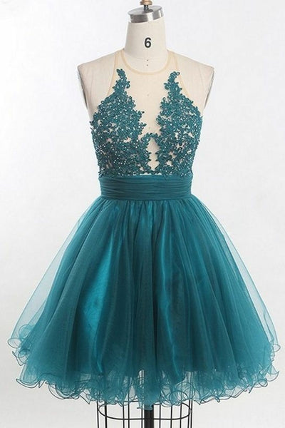 Appliques Tulle Teal Homecoming Dress with Illusion Neckline ...