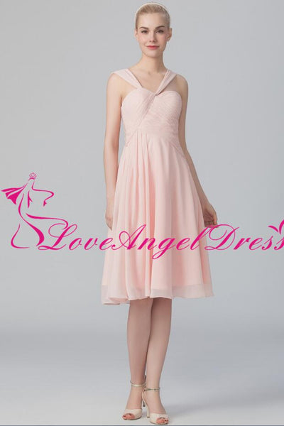 Asymmetric Neckline Chiffon Pink Knee Length Bridesmaid Dresses ...