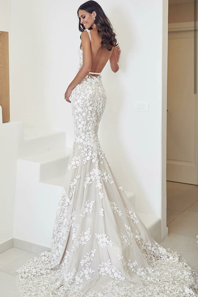  Backless  Floral Lace  Wedding  Dresses  with Mermaid Train 