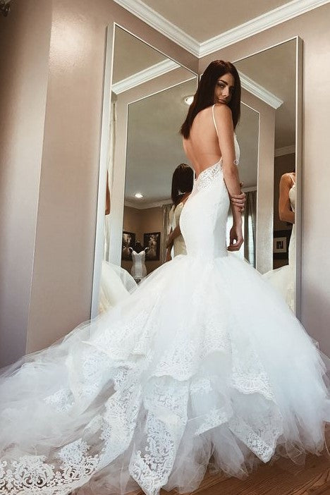 Backless Mermaid Wedding Gown Dress with Lace Cathedral Tulle Train ...