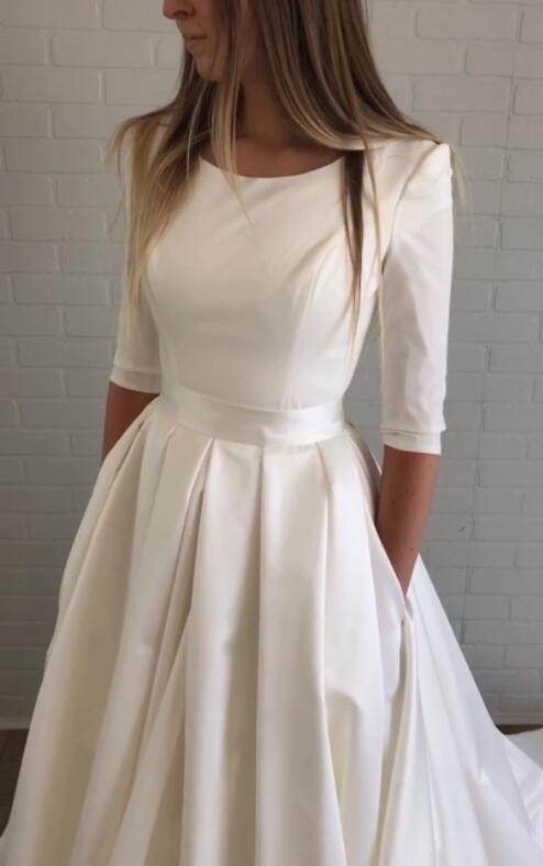 Bateau Satin Half Sleeves Wedding Dresses with Pockets – loveangeldress