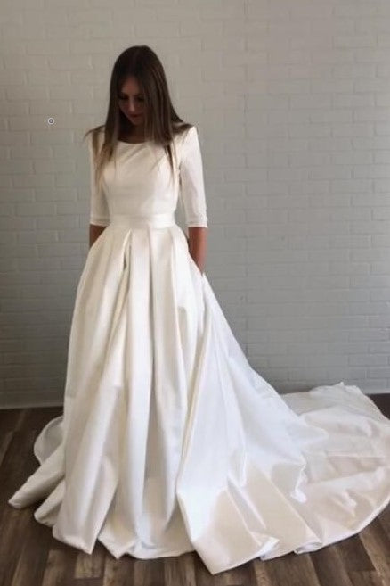 Bateau Satin Half Sleeves Wedding Dresses with Pockets – loveangeldress