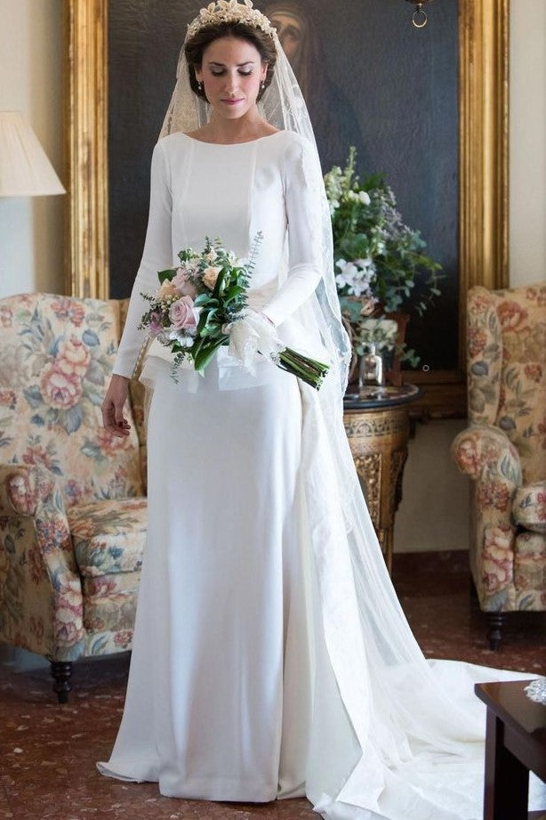 Bateau Sheath White Long-sleeves Wedding Gown with Peplum – loveangeldress