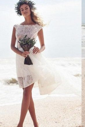 Beach Short Lace Wedding Dress With Swallowtail Skirt