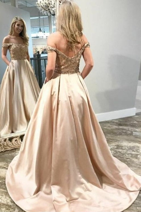 off the shoulder beaded satin evening prom dress with pocket