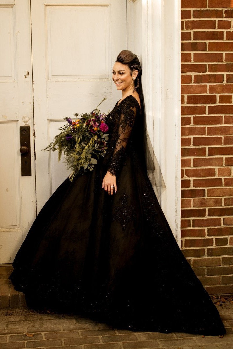 Beaded Lace Black Wedding Dresses Long Sleeves – loveangeldress