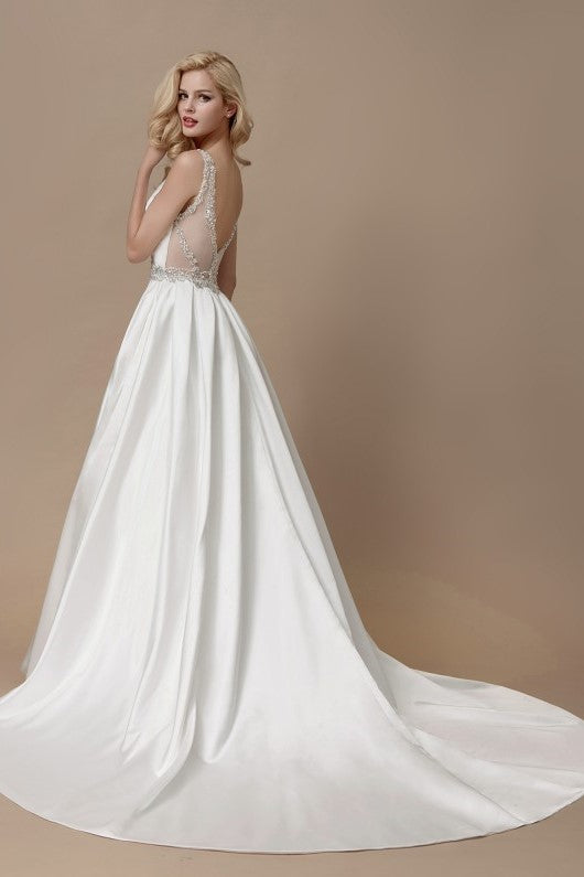 Beaded Satin Wedding Gown with Illusion Back – loveangeldress