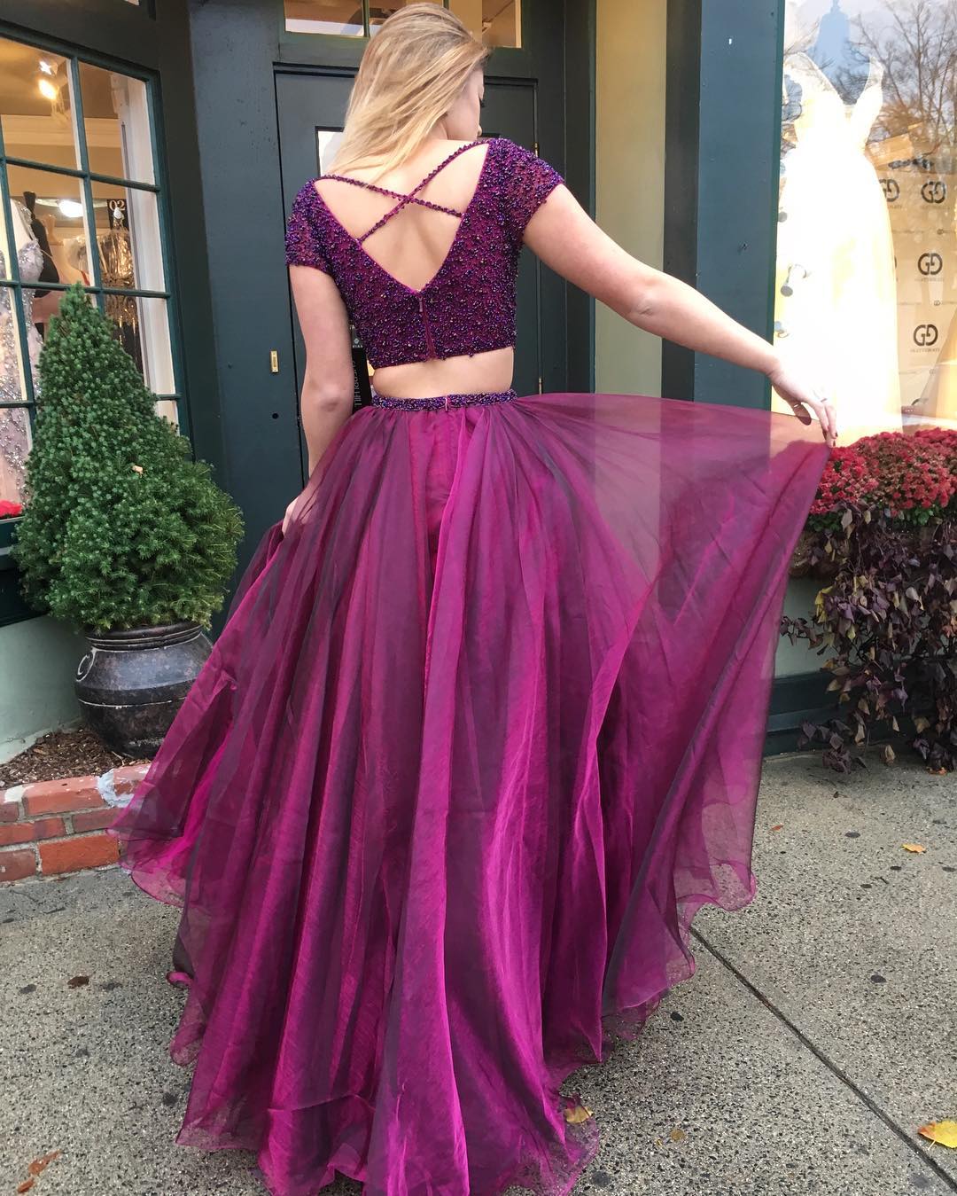 Beaded Top Plum Two-Piece Prom Dresses with Short Sleeves – loveangeldress