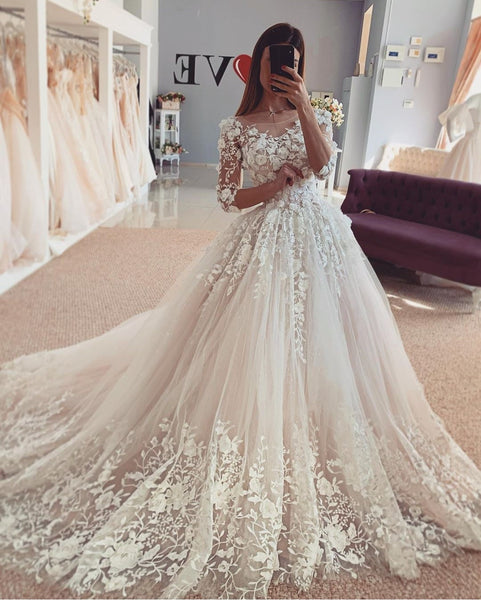 Beautiful Floral Lace Wedding Bridal Gown with Sleeves – loveangeldress