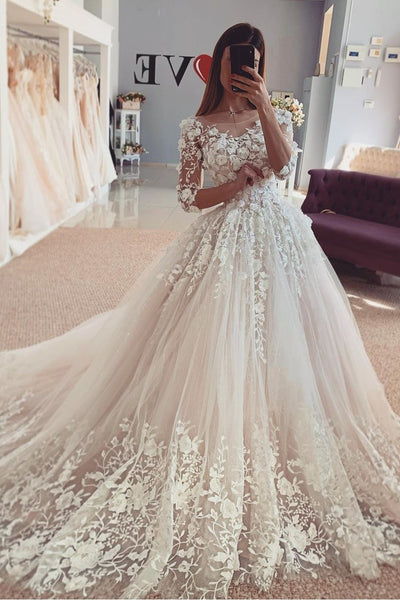 Beautiful Floral Lace Wedding Bridal Gown with Sleeves – loveangeldress