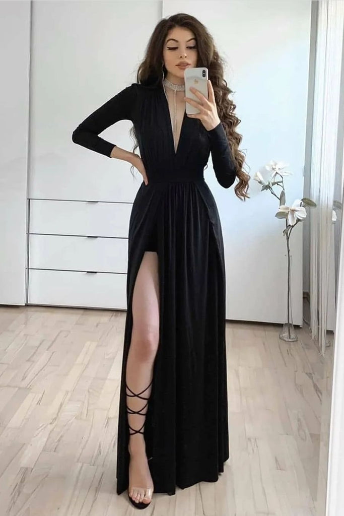 Black Long Sleeves Prom Dress with Leg Split Side – loveangeldress