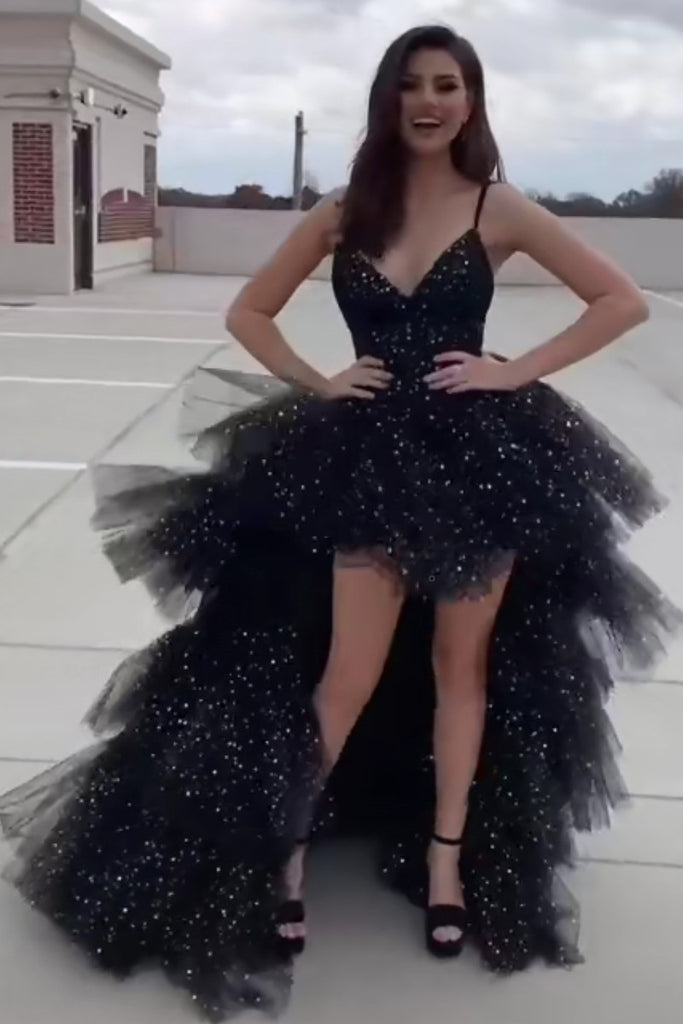 Black Sequin Hi-lo Prom Gown with Tiered Skirt – loveangeldress