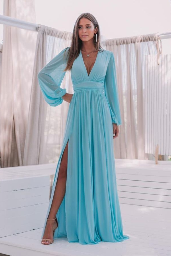 Blue Chiffon Evening Gown with Loose Long Sleeves – loveangeldress