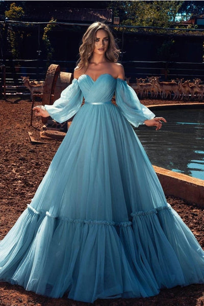 Blue Tulle Prom Dresses with Detachable Sleeves – loveangeldress