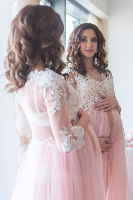 Blush Maternity Lace Dress for Photoshoot with Long Tulle Skirt ...