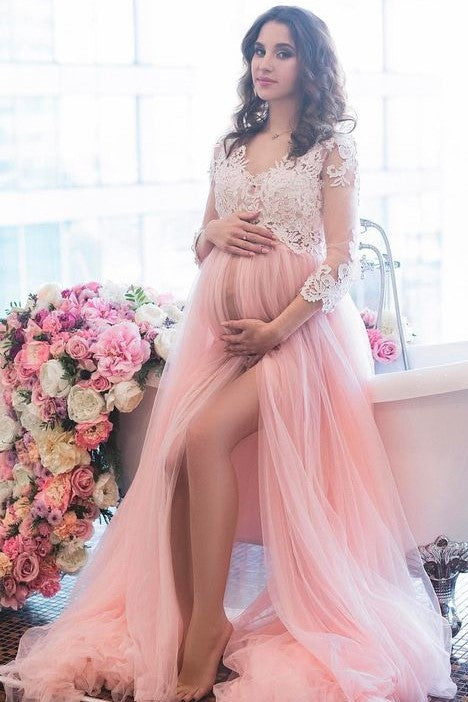 Blush Maternity Lace Dress for Photoshoot with Long Tulle Skirt - loveangeldress