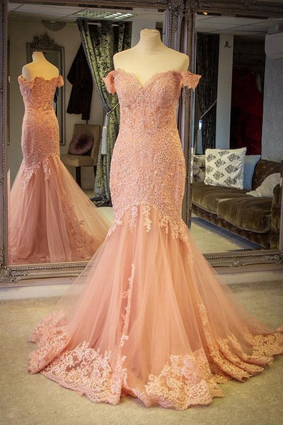 Blush Pink Lace Mermaid Evening Gown Dress with Off-the-shoulder ...