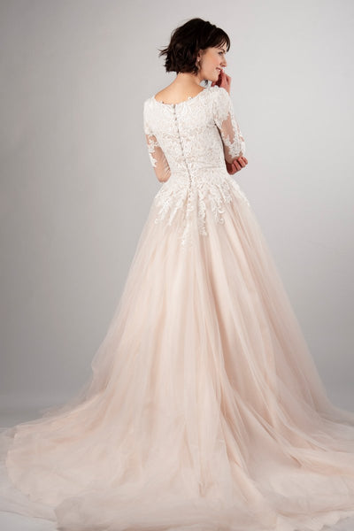 Blush Pink Tulle Wedding Dress With Lace Sleeves Loveangeldress 4753