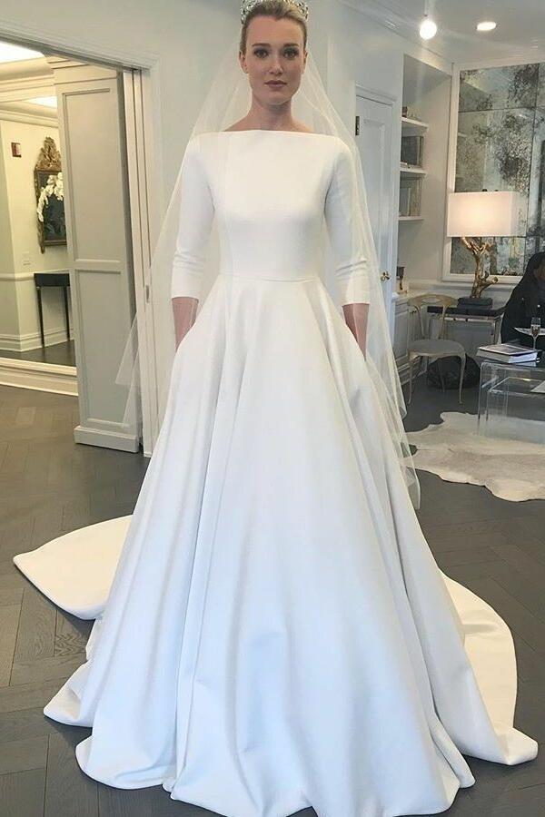  Boat  Neck  3 4 Sleeves Satin Wedding  Gown  with Pockets 
