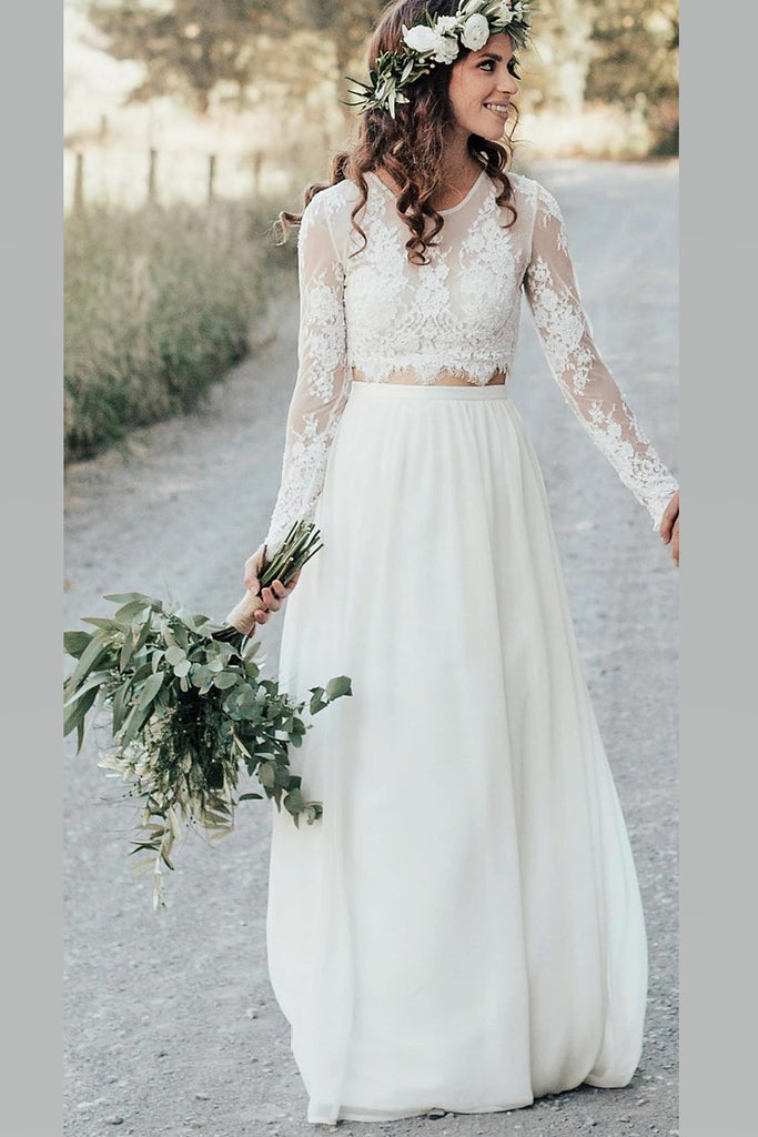 boho-two-piece-long-sleeve-wedding-dress-lace-top-chiffon-skirt-loveangeldress