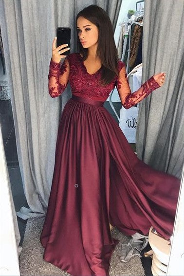 Burgundy Lace Evening Dress with Illusion Long Sleeves – loveangeldress