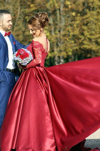 Burgundy Prom Dresses Beaded Lace Sleeves with Satin Skirt – loveangeldress