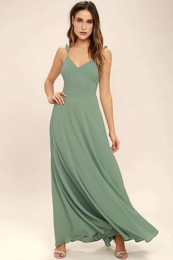 Chiffon Long Sage Bridesmaid Gown Double Straps Maxi Dresses ...