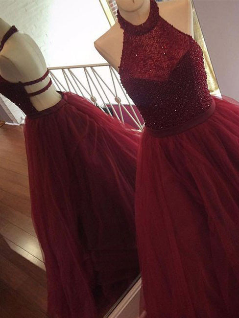 Clustered Rhinestones Halter Prom Dress Burgundy Tulle Skirt ...