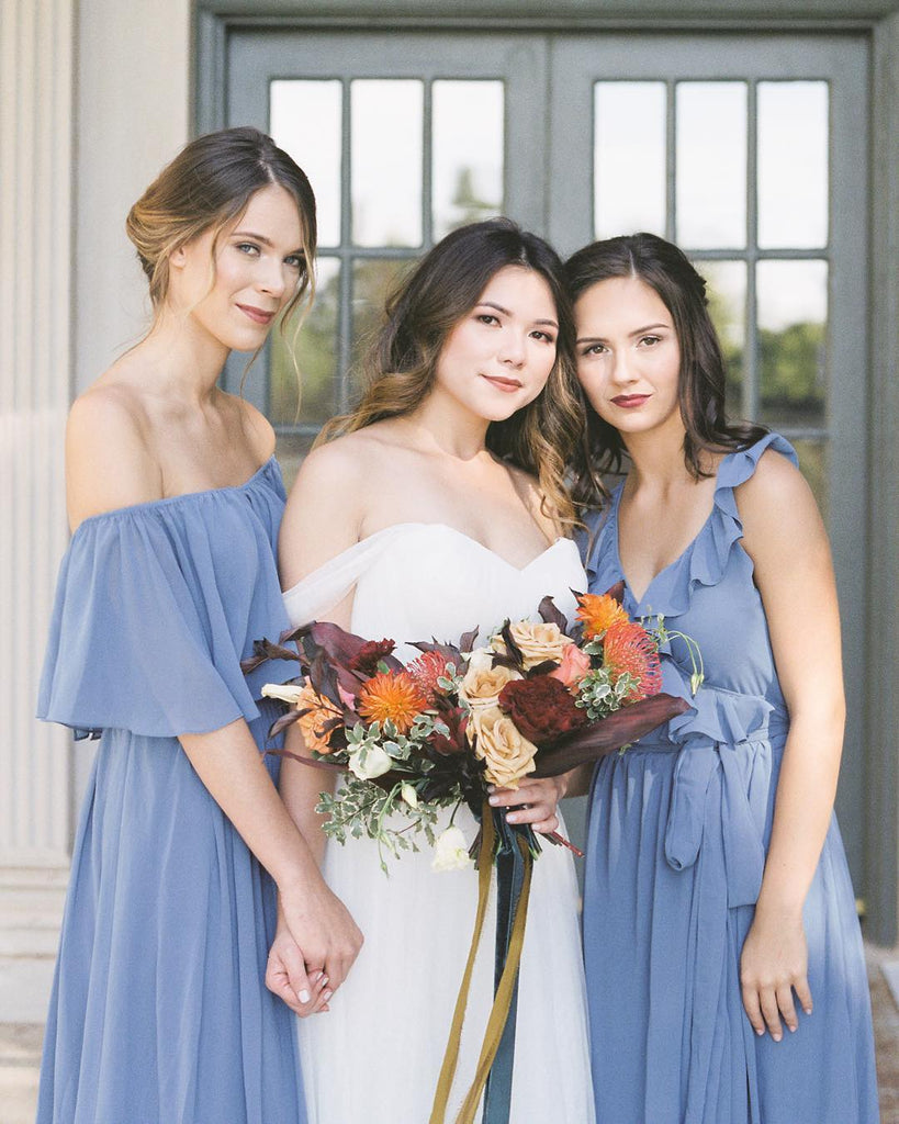 Colorful Chiffon Bridesmaid Dress with Flowy Off-the-shoulder ...