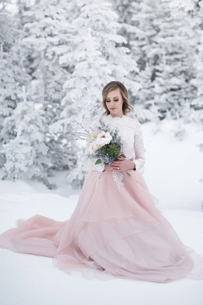 Contrast Color Snow Wedding Dresses Lace Long Sleeves – loveangeldress