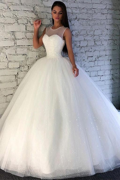 Crystals Ball Gown Illusion Neckline Bridal Dress with Sequin Tulle Sk ...