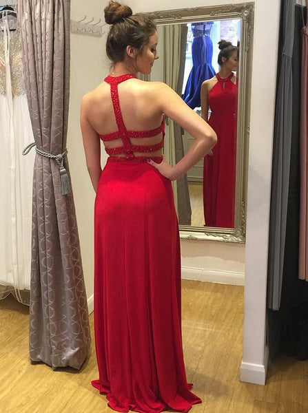 Crystals Halter Long Red Prom Gown with Double Slit Side – loveangeldress