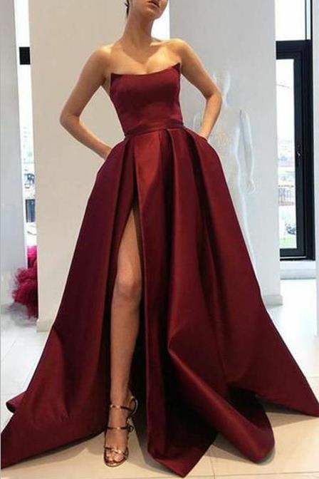 Curved Strapless Burgundy Prom Gowns Slit Side Loveangeldress