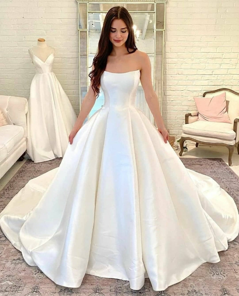 Curved Strapless Satin Bridal Gown Chapel Train – loveangeldress