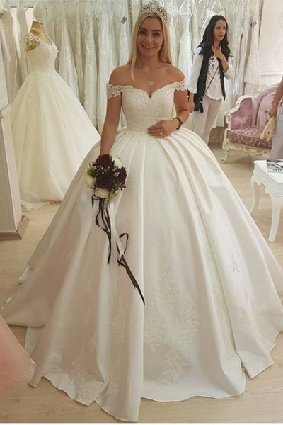 Dreamy Lace and Satin Ball Gown Wedding Dresses Off-the-shoulder ...