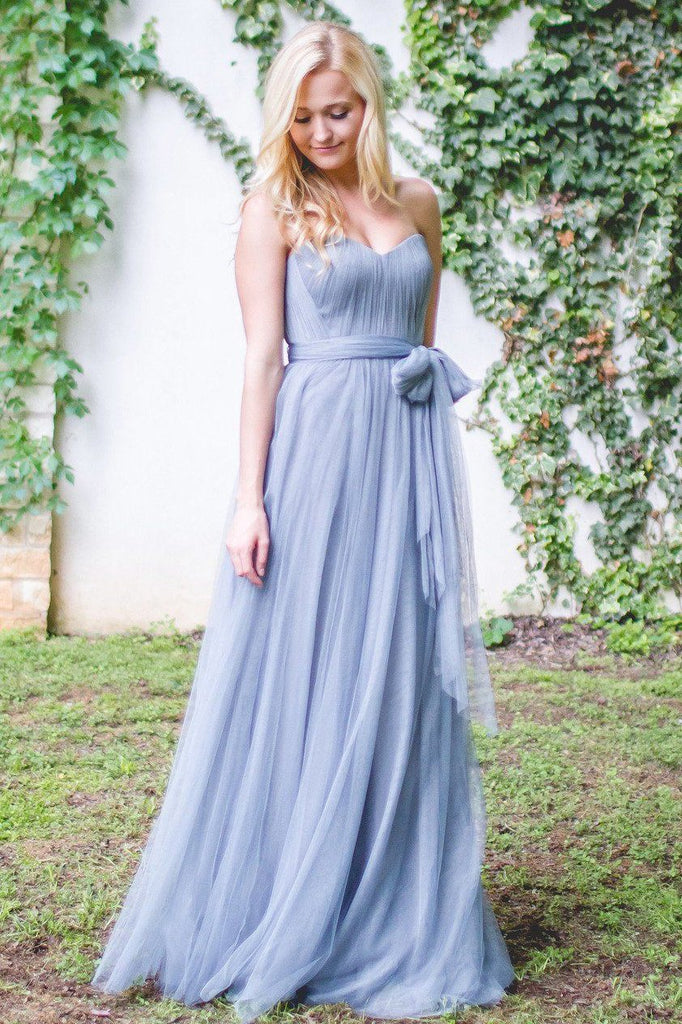 Dusty Blue Long Backless Bridesmaid Gown with Tulle Sash – loveangeldress