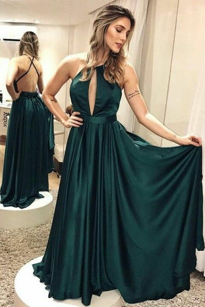 Elastic Satin Dark Green Backless Prom Dress with X-cross – loveangeldress