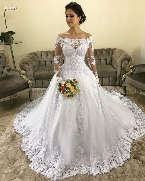 Elegant Off-the-shoulder Lace Wedding Gown Long Sleeves – loveangeldress