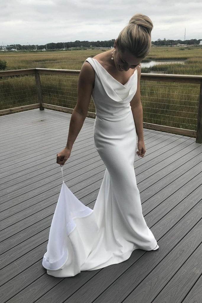 Elegant Satin White Wedding Gown With Cowl Neckline Loveangeldress 8368