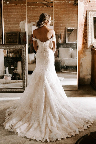 fit and flare wedding dress off the shoulder