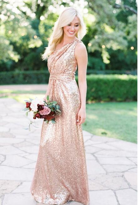 Floor Length Rose Gold Sequin Wedding Guest Dress One Shoulder ...