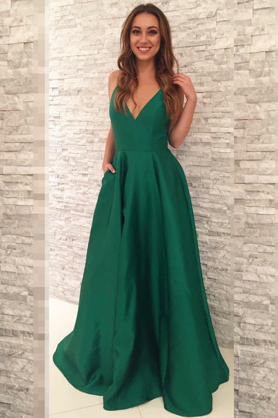 Floor Length V-neck Satin Simple Green Prom Gowns – loveangeldress
