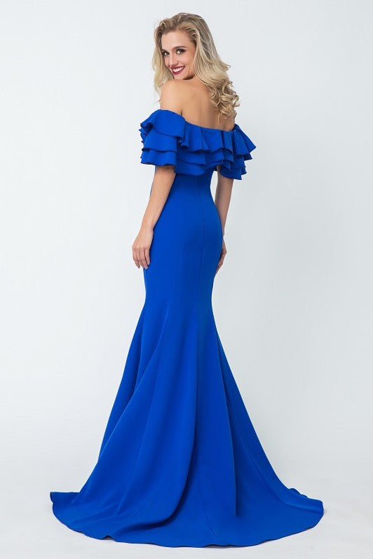 Flounced Off-the-shoulder Blue Evening Dresses with Mermaid Skirt ...