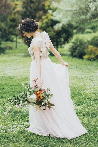Flowers Sheer Lace Boho Wedding Dress with Tulle Skirt – loveangeldress