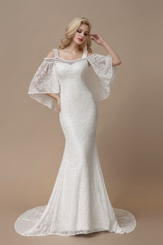 Flutter Sleeves Mermaid Lace Bridal Dresses With Pearls Neckline Loveangeldress 1074