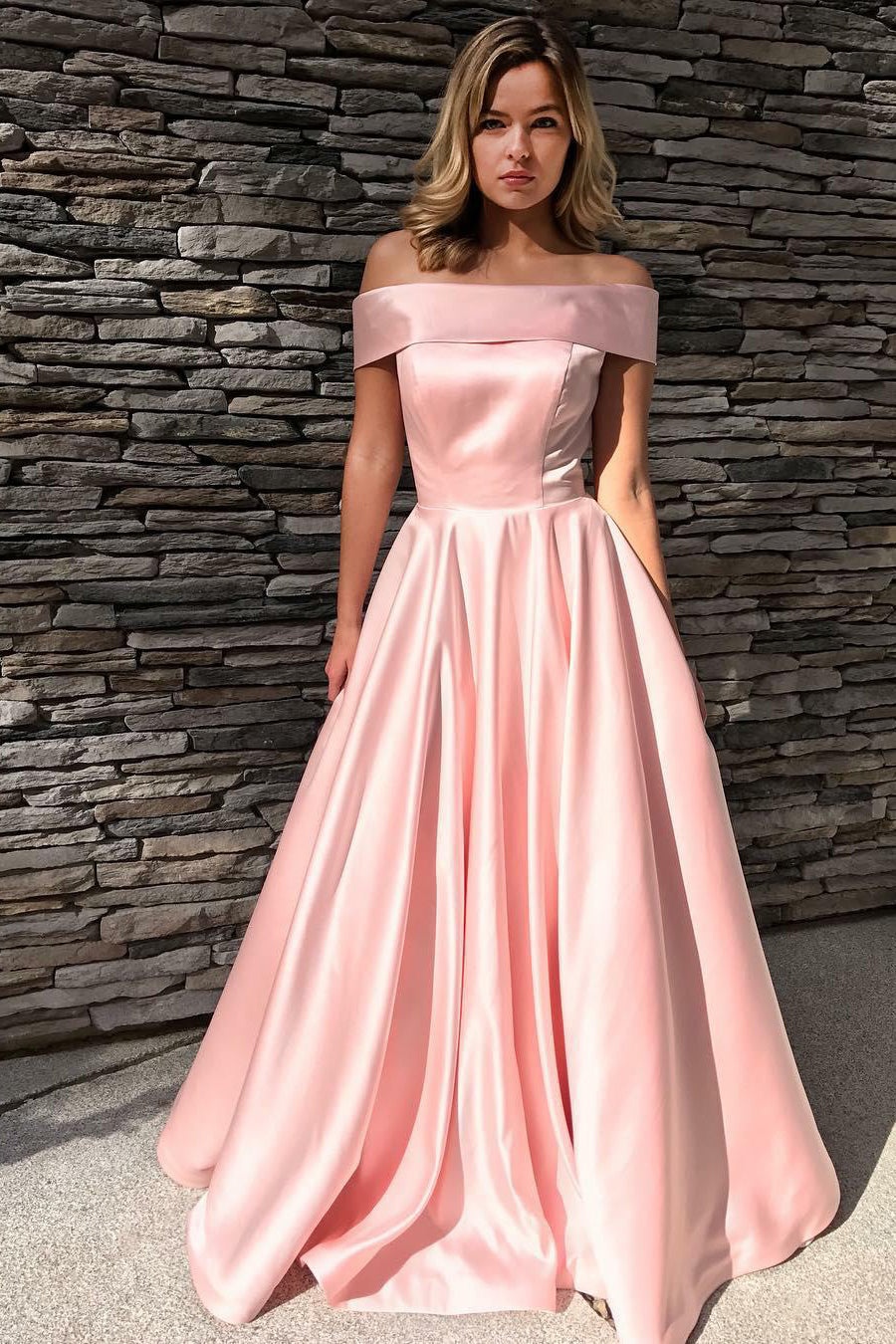 Fold Off-the-shoulder A-line Pink Satin Formal Prom Gown – loveangeldress